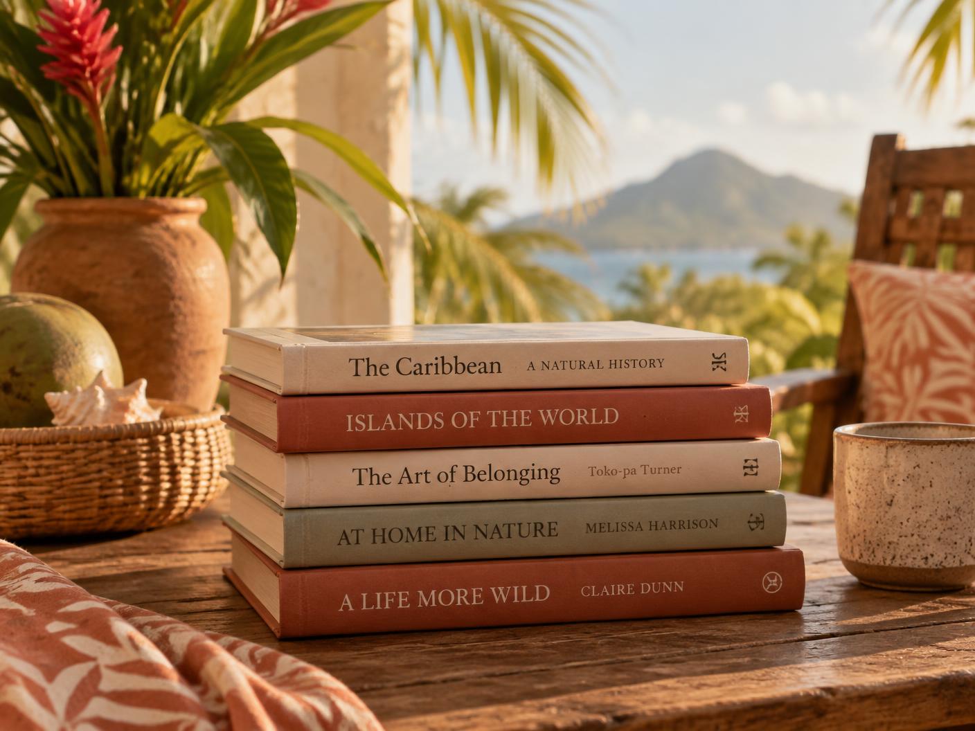 Books stacked on a wooden table beside tropical flowers and a mug, overlooking palm trees and a mountain