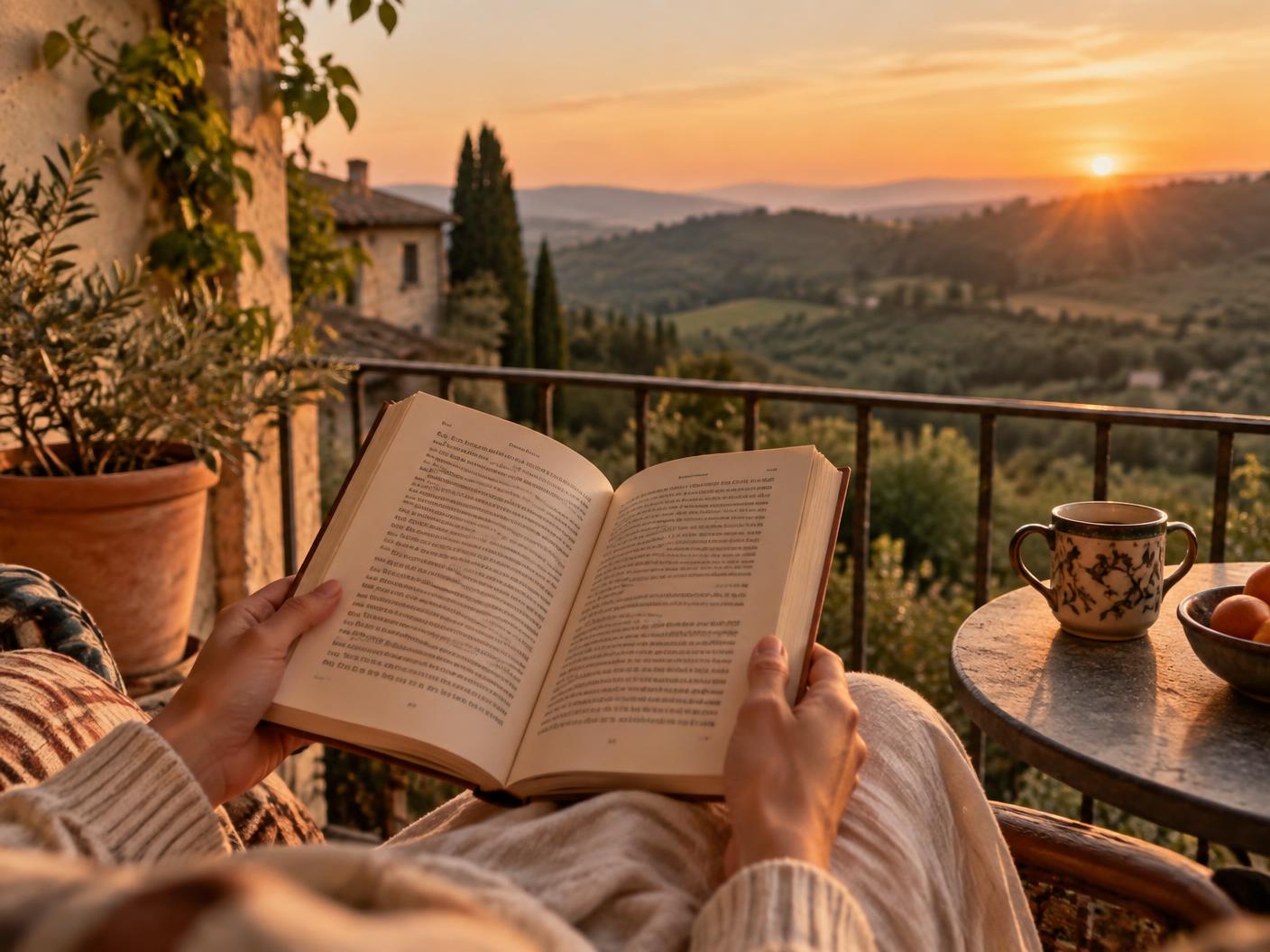 A reader holding an open book on a balcony overlooking hills at sunset